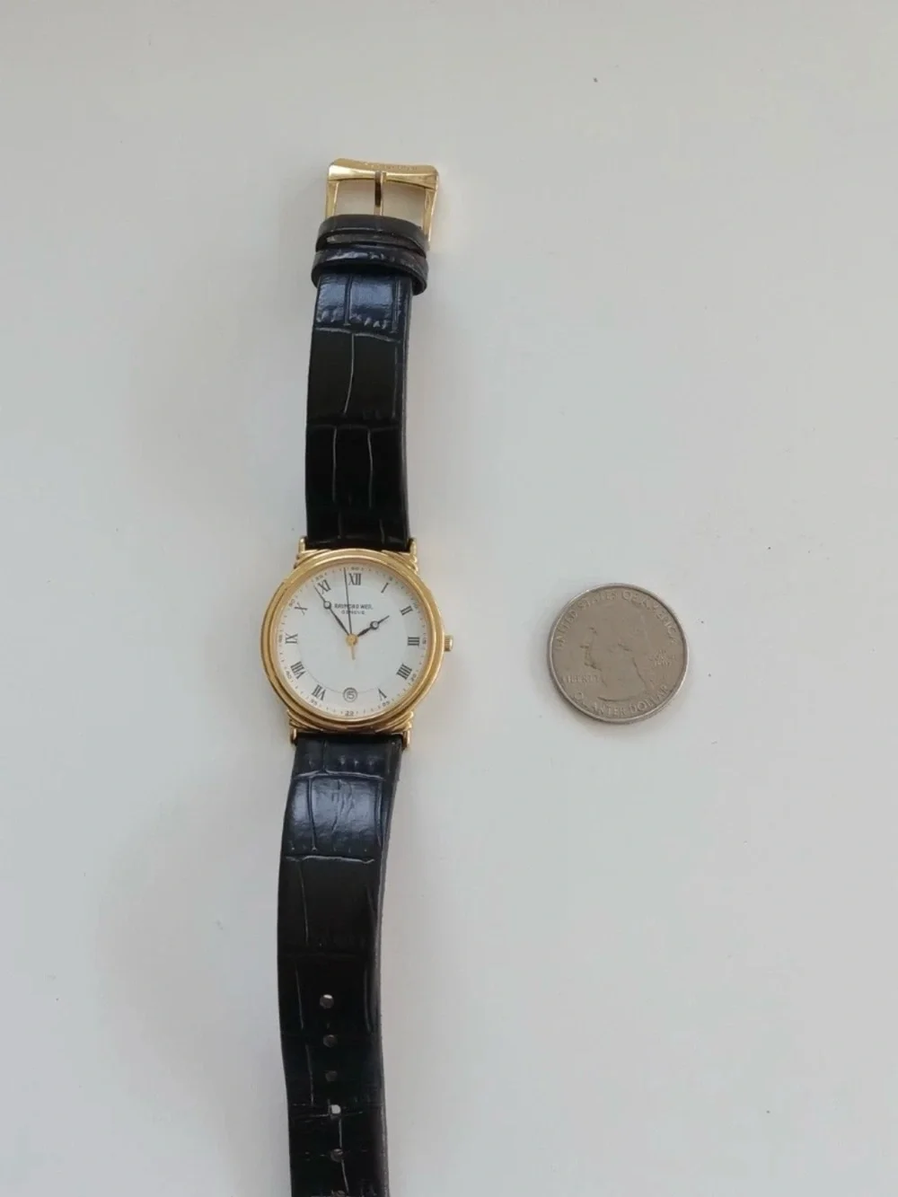 Raymond Weil Gold Tone Round Watch Date Black Leather Strap new battery 5531